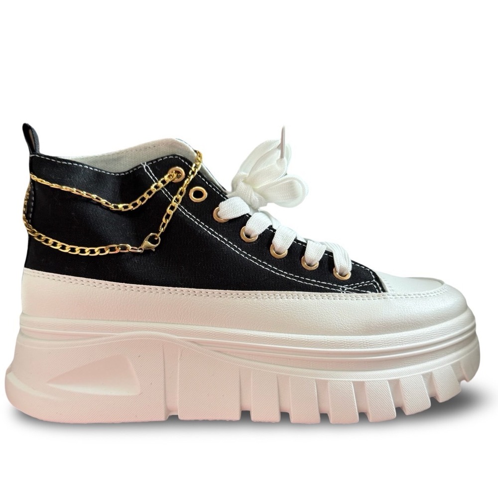 Fashion Black Gold Chain Platform High Top Sneakers Women EU 39 US 8 NEW